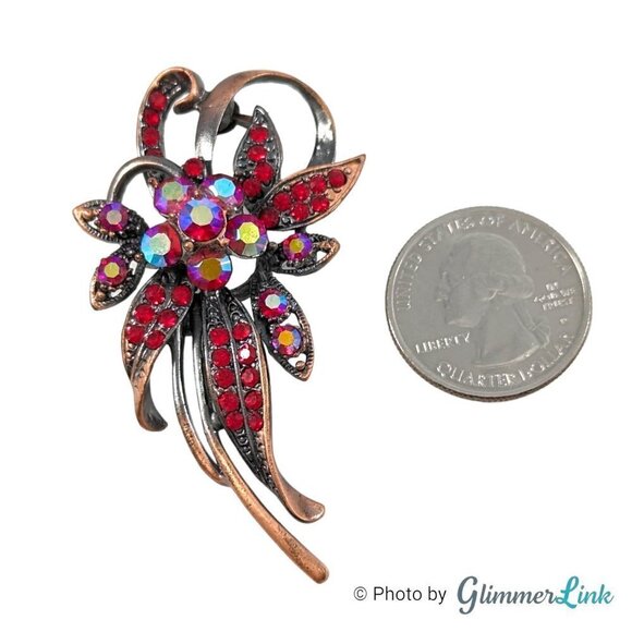Floral Bouquet AB Aurora Borealis Red Rhinestone Statement Copper Tone Brooch - Picture 5 of 7